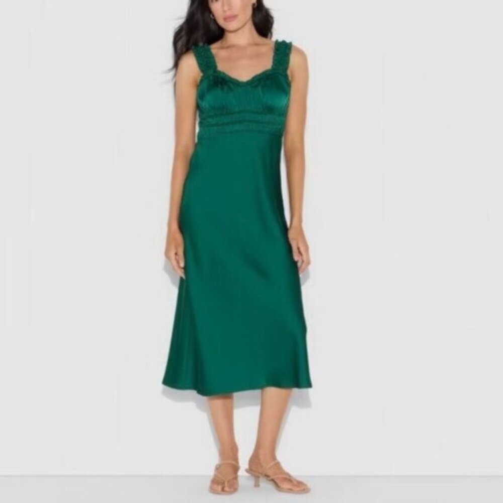 Emerald Green Satin Midi Dress